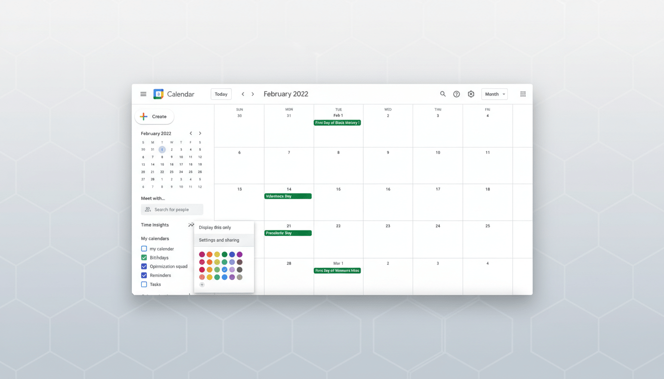 A professional, enhanced image of the Google Calendar interface for February 2022, resized to a 16:9 aspect ratio. The calendar displays events like First Day of Black History!, Valentines Day, and Presidents Day. The background has been updated to a professional flat design with soft patterns, while the calendar interface remains unchanged.