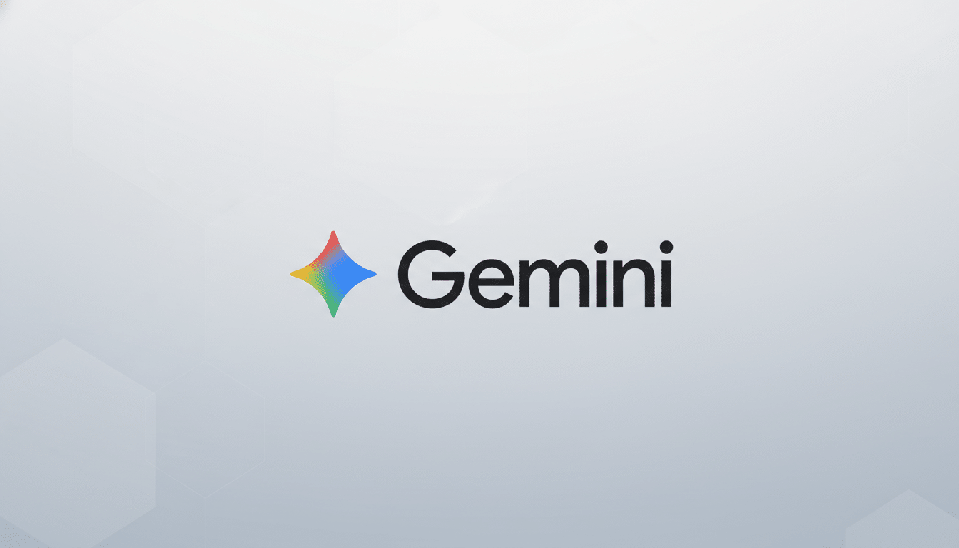 The Gemini logo, featuring a colorful, four-pointed star icon to the left of the word Gemini in black text, set against a professional light gray background with subtle hexagonal patterns.