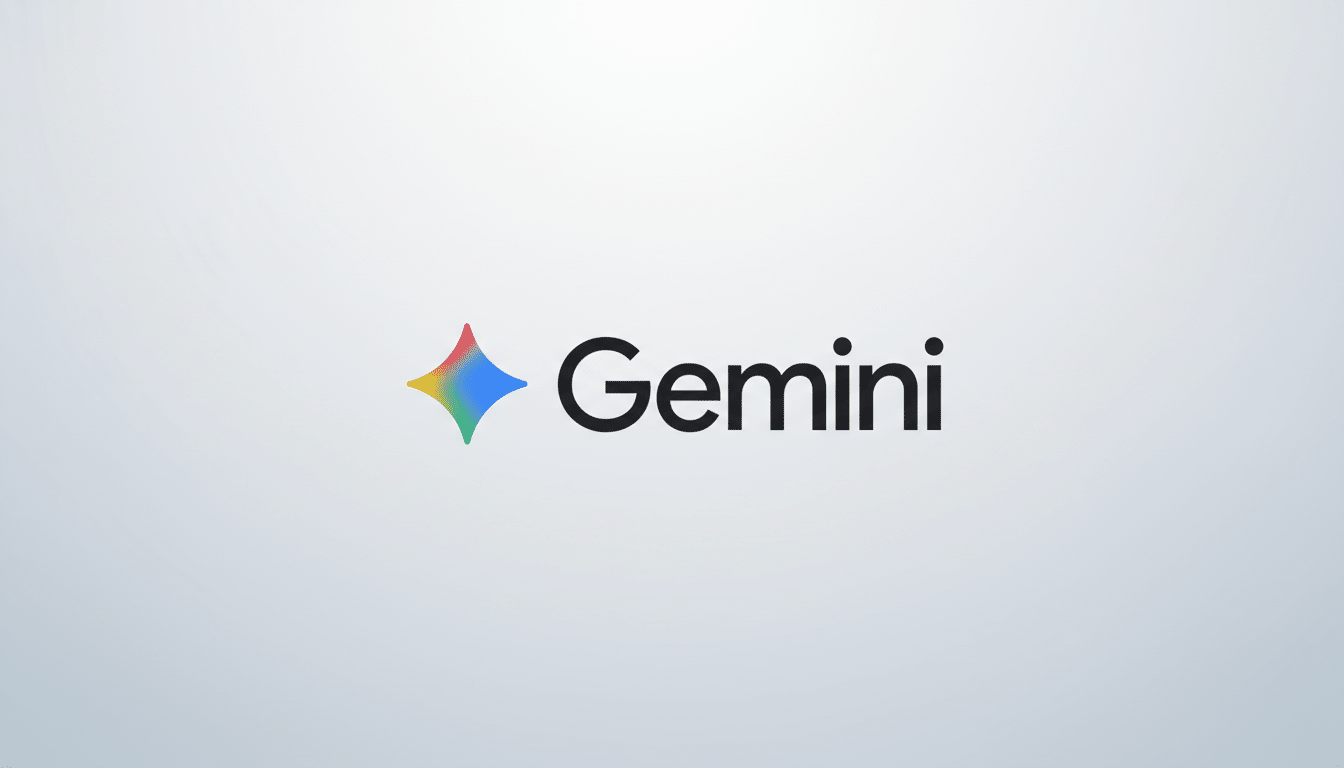 The Gemini logo, featuring a colorful, four-pointed star icon to the left of the word Gemini in black text, presented on a professional flat design background with a soft gray gradient.