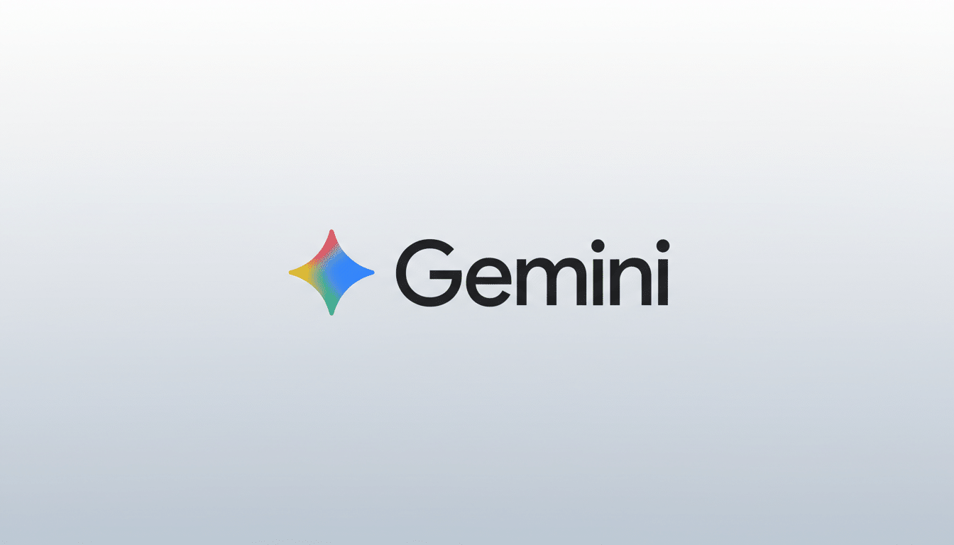 The Gemini logo, featuring a colorful, four-pointed star icon to the left of the word Gemini in black text, presented on a professional 16:9 aspect ratio background with a subtle light gray gradient.