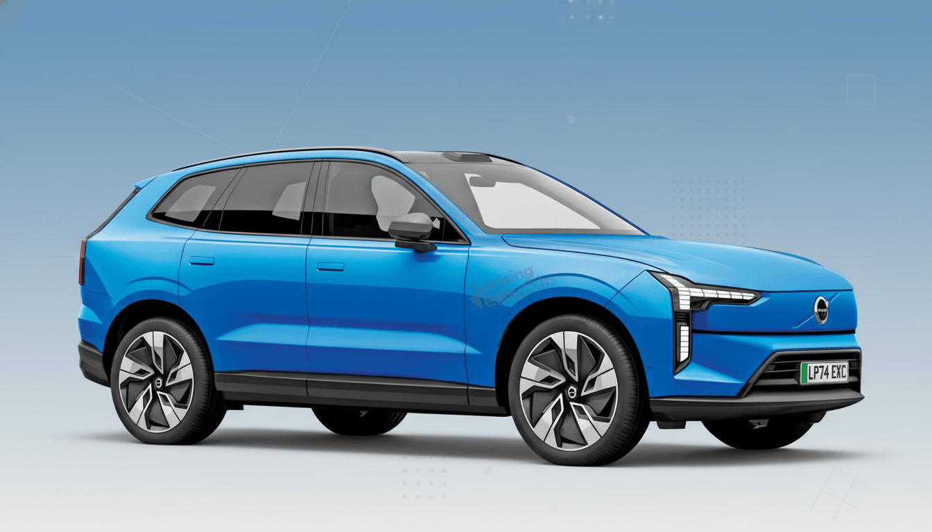 A blue Volvo EX30 electric SUV is shown from a three-quarter front view, with a professional flat design background featuring soft blue gradients and subtle patterns.