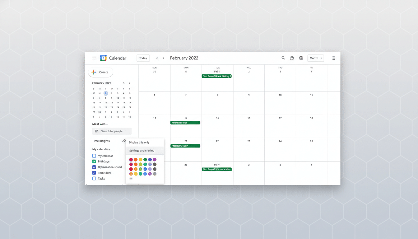 A screenshot of Google Calendar displaying February 2022, resized to a 16:9 aspect ratio with a professional flat design background featuring soft patterns.