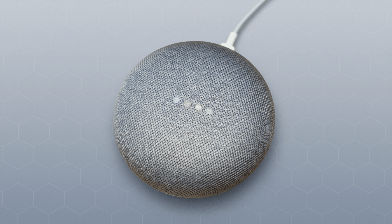 A gray Google Home Mini smart speaker with four colorful indicator lights on its top surface, set against a professional flat gray background with subtle hexagonal patterns.