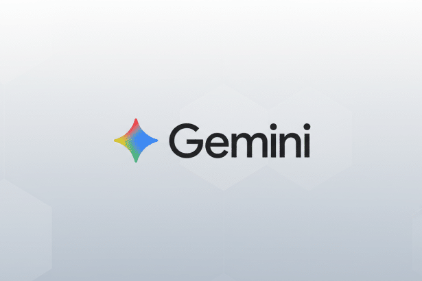 The Gemini logo, featuring a colorful, four-pointed star icon to the left of the word Gemini in black text, presented on a light gray background with subtle hexagonal patterns.