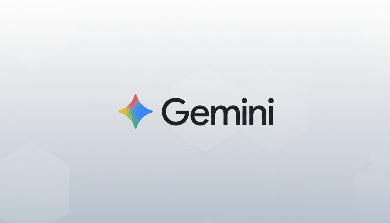 The Gemini logo, featuring a colorful, four-pointed star icon to the left of the word Gemini in black text, presented on a light gray background with subtle hexagonal patterns.