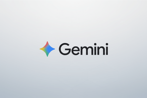 The Gemini logo, featuring a colorful, four-pointed star icon next to the word Gemini in black text, presented on a professional light gray background with subtle hexagonal patterns.