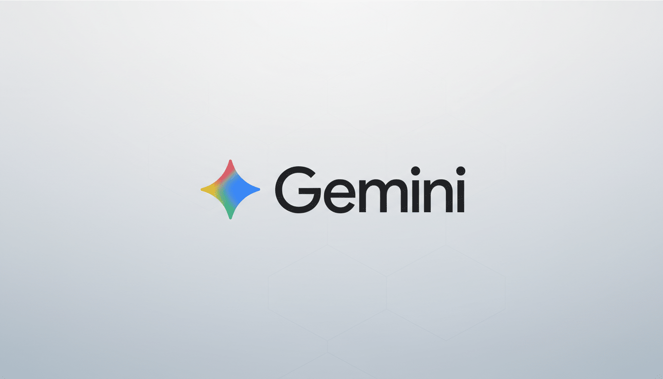 The Gemini logo, featuring a colorful, four-pointed star icon next to the word Gemini in black text, presented on a professional light gray background with subtle hexagonal patterns.