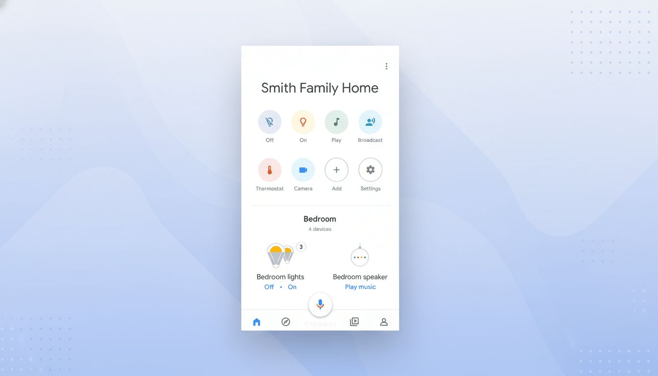 A screenshot of the Google Home app interface, showing controls for Smith Family Home and a Bedroom section with Bedroom lights and Bedroom speaker options. The app is presented on a professional flat design background with soft blue and white gradients and subtle geometric patterns.
