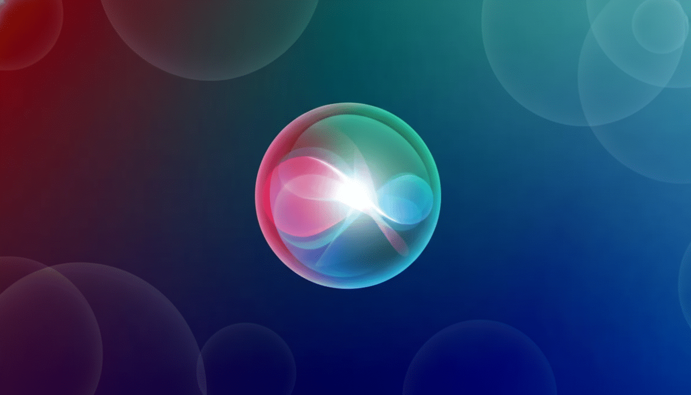 A 16:9 aspect ratio image featuring the Siri icon, a glowing, translucent sphere with swirling pink, blue, and green lights, centered against a professional flat design background with soft, subtle circular patterns and a gradient from red to blue.