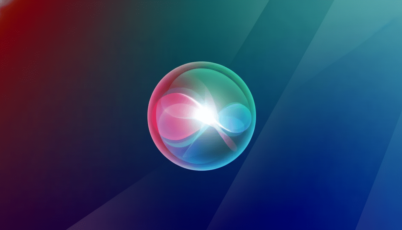 The Siri icon, a glowing, translucent sphere with swirling pink, blue, and green lights, centered against a gradient background that transitions from dark red on the left to dark blue on the right, with subtle, soft diagonal patterns.