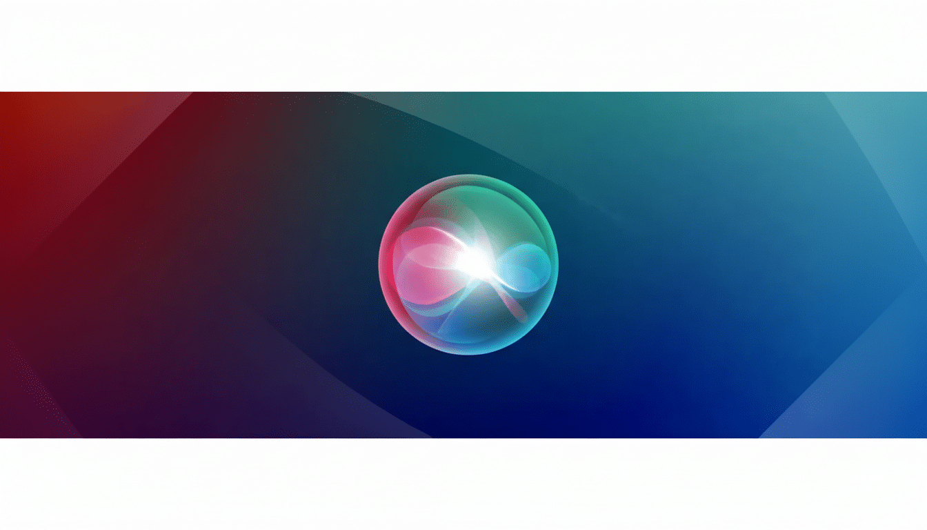 A 16:9 aspect ratio image featuring the Siri icon, a glowing, translucent orb with swirling pink, blue, and green lights, centered against a gradient background that transitions from red on the left to dark blue on the right, with subtle, soft wave patterns added to the background.