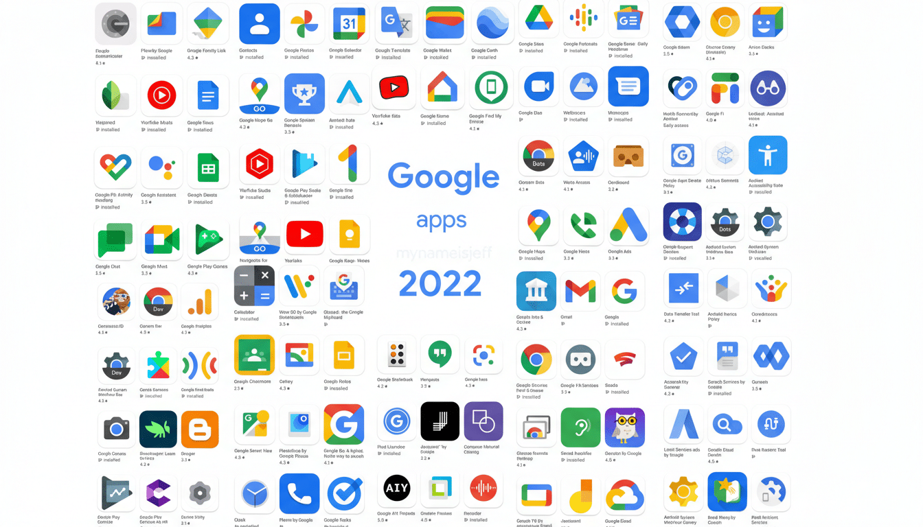 A wide, professionally enhanced image showcasing a grid of various Google app icons, with the Google apps 2022 logo prominently displayed in the center.