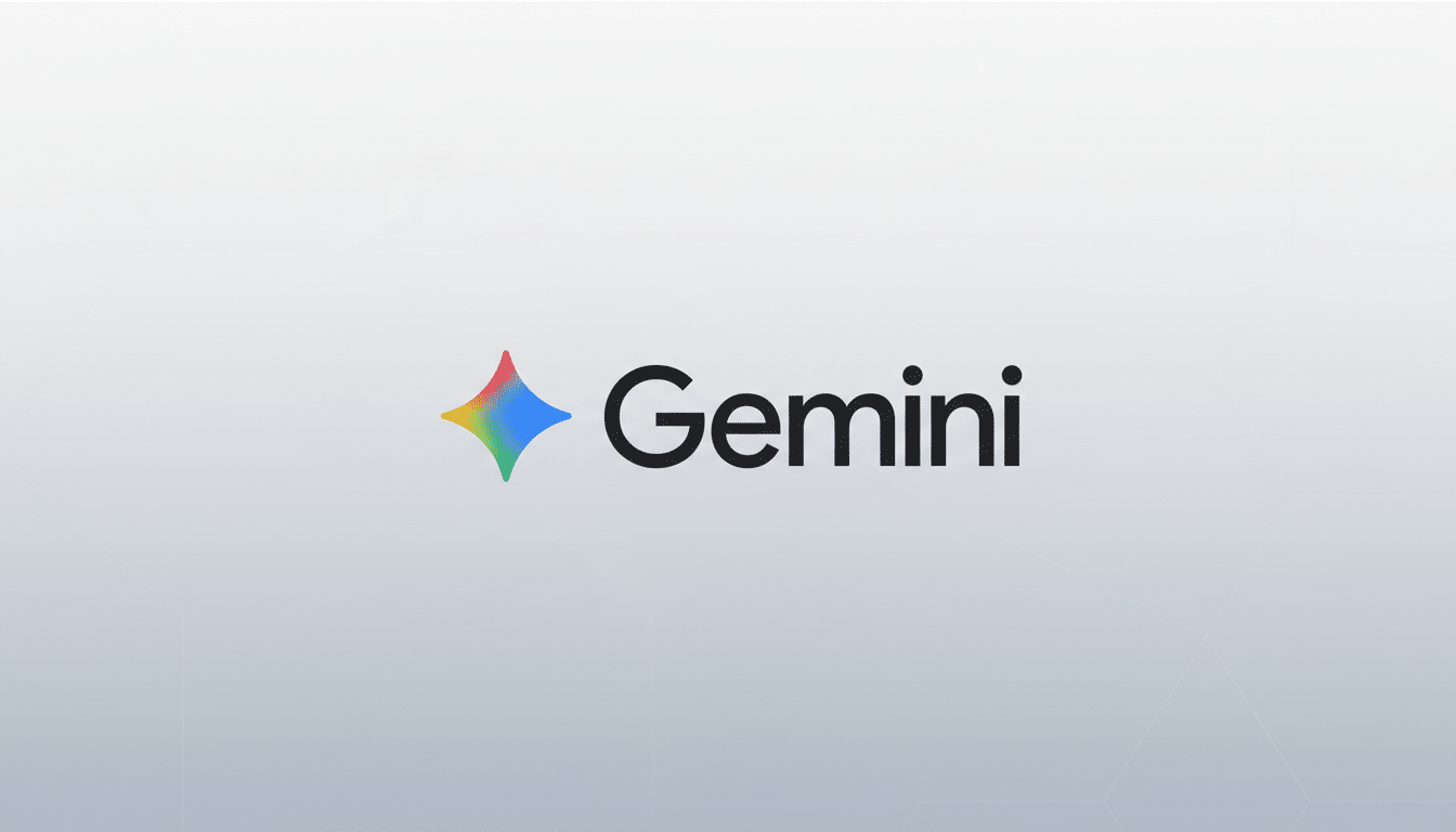 The Gemini logo, featuring a colorful, four-pointed star icon to the left of the word Gemini in black text, presented on a professional light gray background with subtle geometric patterns, resized to a 16:9 aspect ratio.