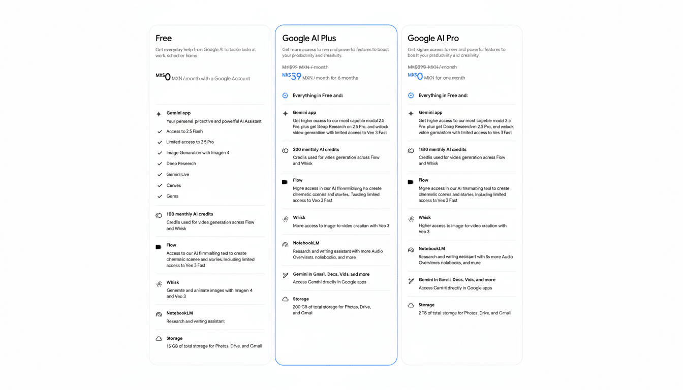 A comparison table of Google AI plans: Free, Google AI Plus, and Google AI Pro.