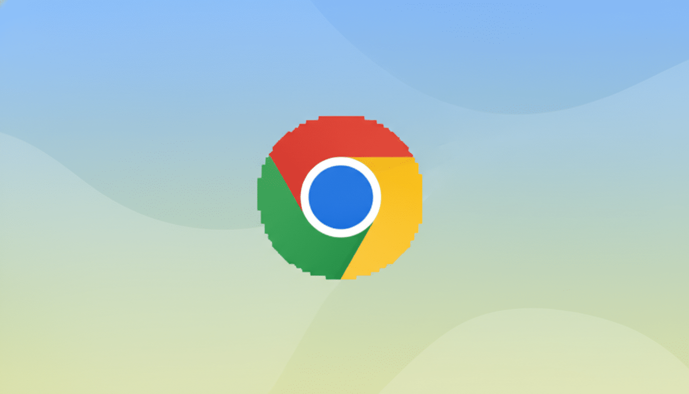 The Google Chrome logo, a red, yellow, and green circle with a blue center, is displayed against a professional flat design background with soft blue and green gradients and subtle wave patterns.