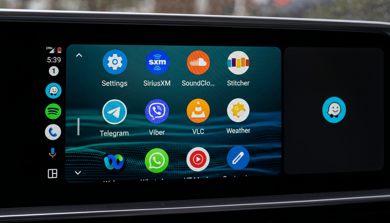 A cars infotainment system displaying various app icons, including Settings, SiriusXM, SoundCloud, Stitcher, Telegram, Viber, VLC, and Weather, with a smaller app icon on the right side of the screen.