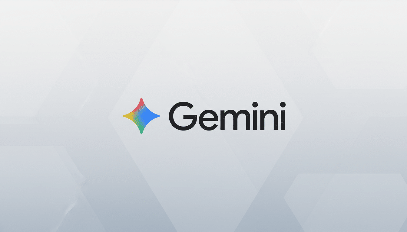 The Gemini logo, featuring a colorful, four-pointed star icon to the left of the word Gemini in black text, presented on a professional light gray background with subtle geometric patterns.
