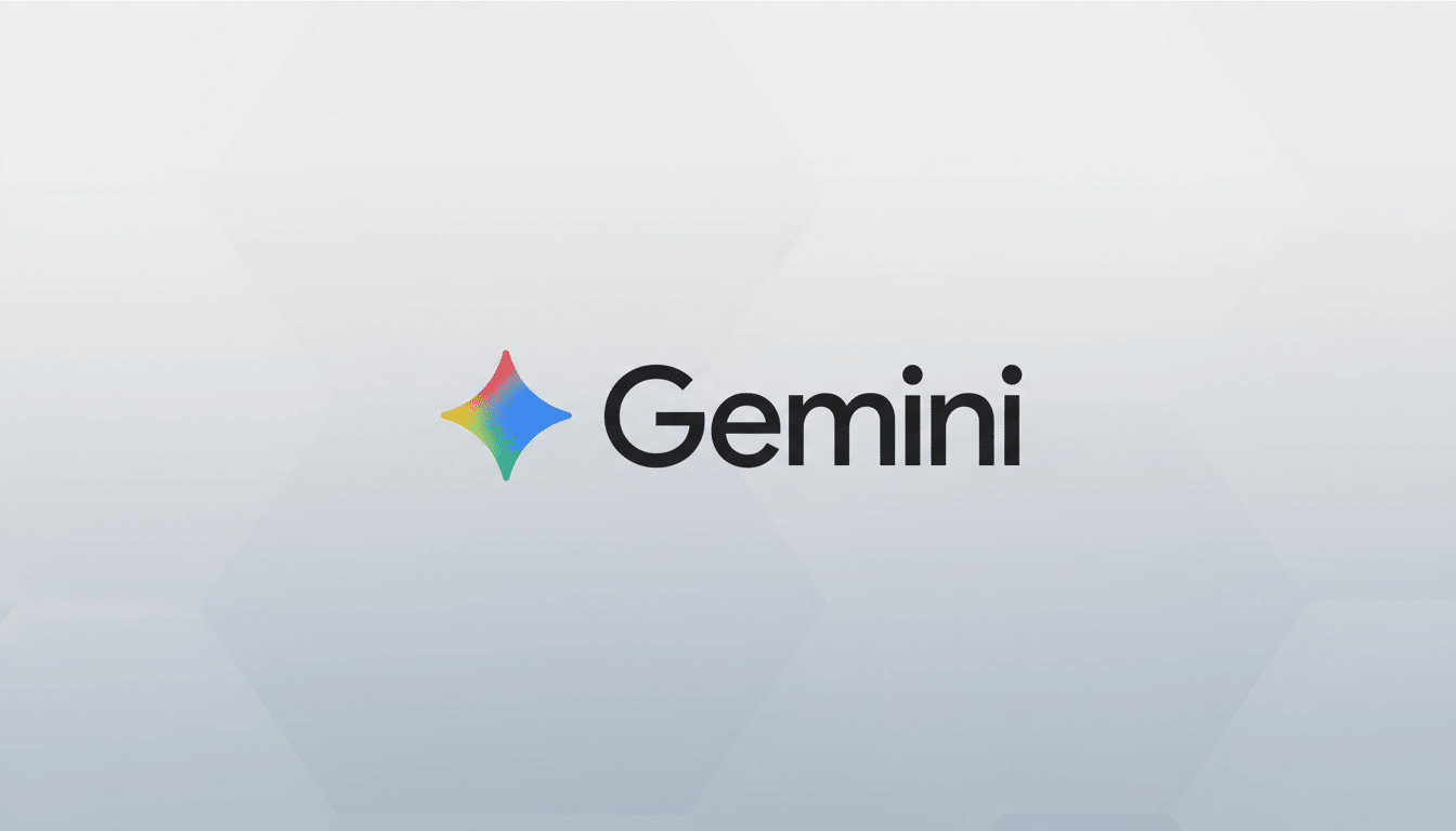 The Gemini logo, featuring a colorful, four-pointed star icon to the left of the word Gemini in black text, presented on a professional light gray background with subtle geometric patterns.