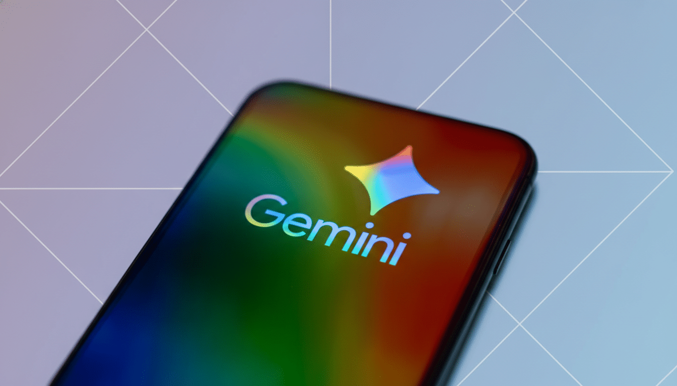 A smartphone displaying the Gemini logo and name on its screen, set against a professional flat design background with soft patterns and gradients.