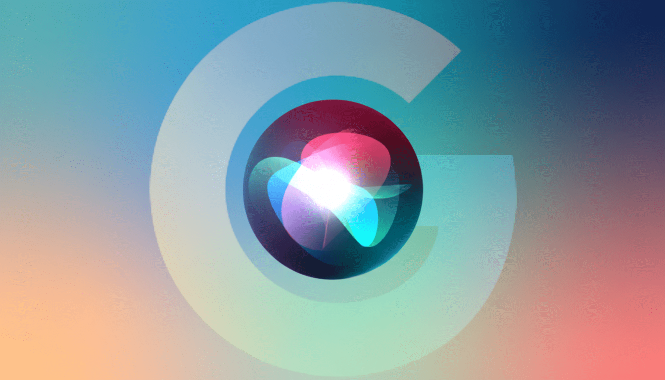 A 16:9 aspect ratio image featuring a stylized G logo in light gray, partially encompassing a glowing, multi-colored orb that resembles a digital assistants interface, set against a soft gradient background of blues, pinks, and greens.