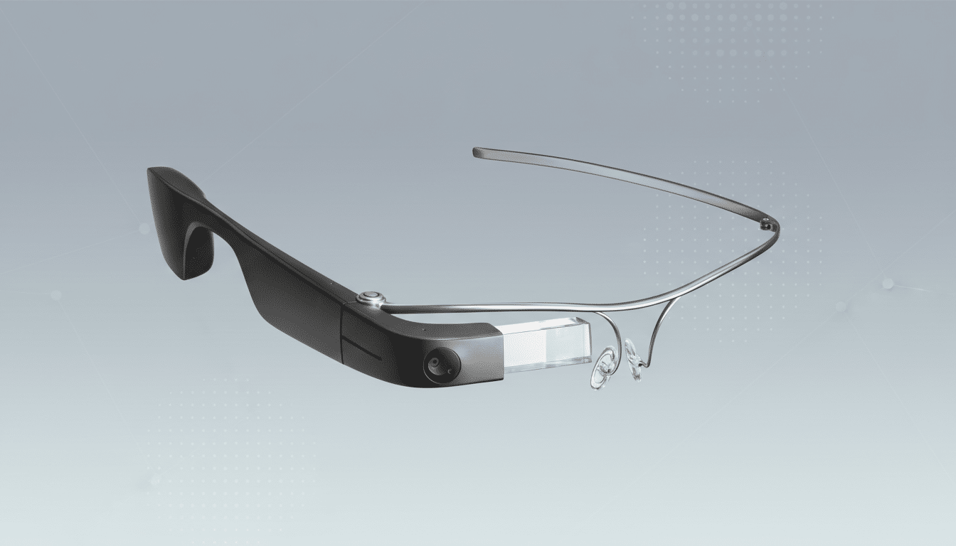 A pair of Google Glass Enterprise Edition 2 smart glasses, black with a clear prism display, shown at a 16:9 aspect ratio on a professional flat design background with soft gray gradients and subtle geometric patterns.