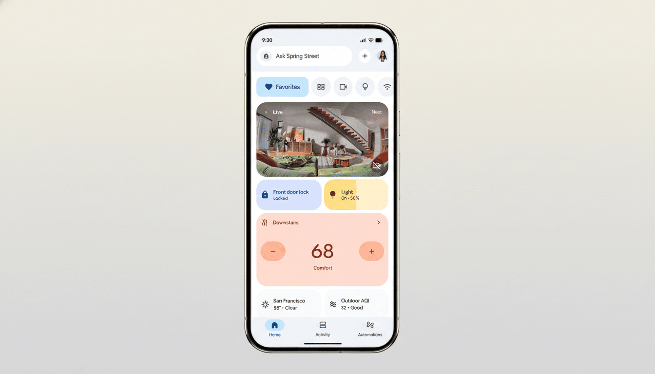 A smartphone displaying a smart home app interface, set against a professional flat design background with soft gradients.