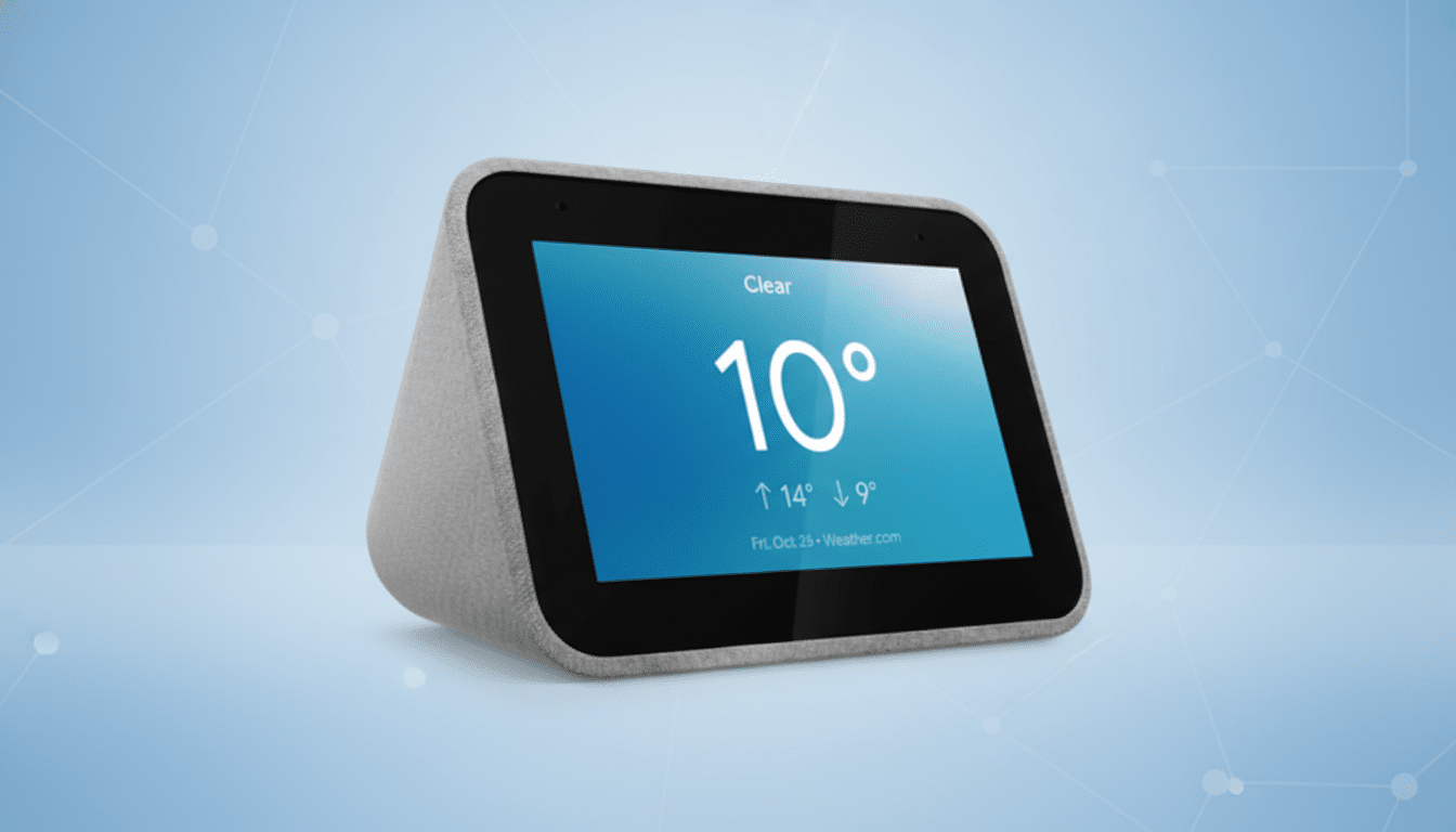 A smart display showing a weather forecast of 10 degrees Celsius, set against a professional blue background with subtle geometric patterns.