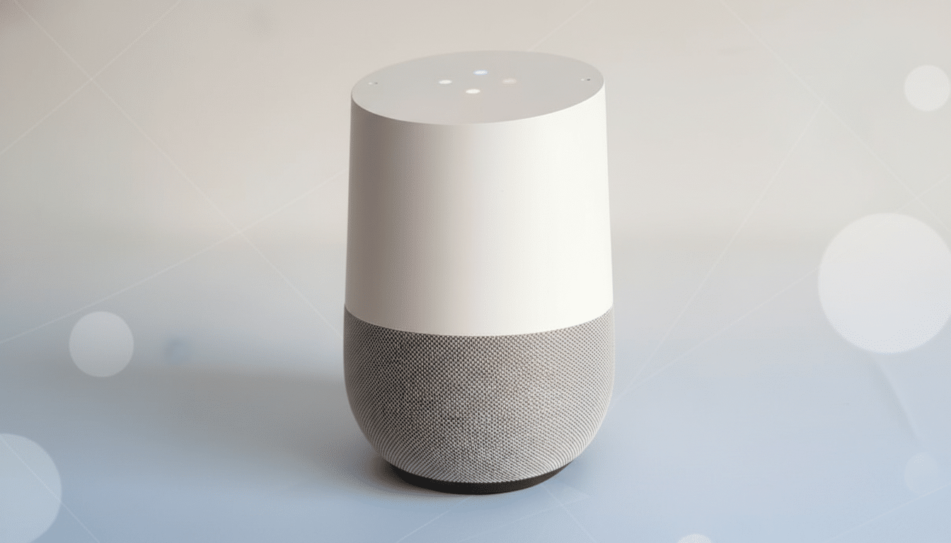 A Google Home smart speaker on a professional flat design background with soft patterns.