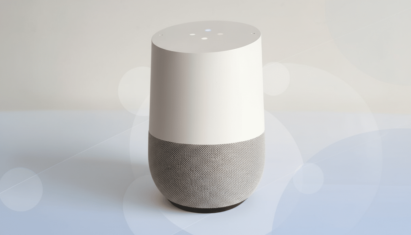 A Google Home smart speaker with a white top and gray fabric base, set against a professional flat design background with soft patterns and gradients.