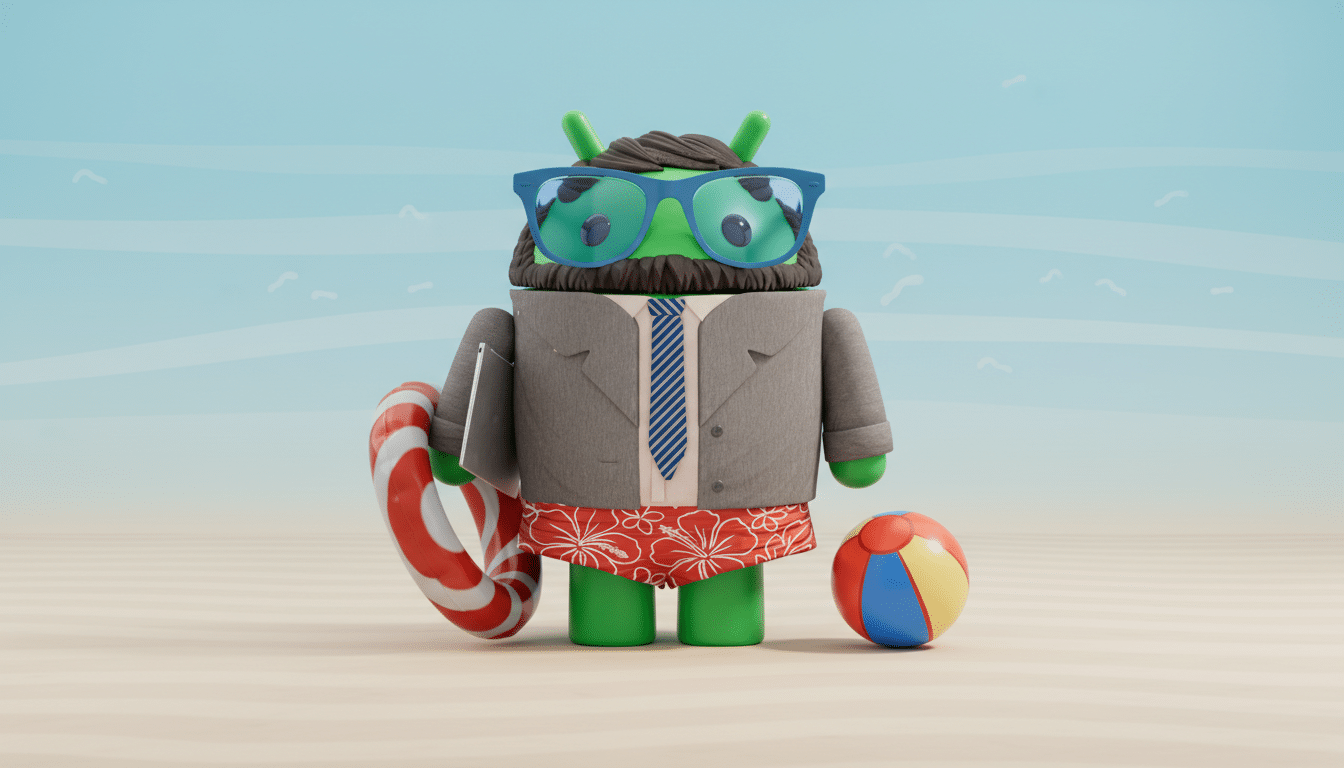 A 16:9 aspect ratio image of the Android mascot dressed in a grey suit jacket, a striped tie, red floral swim trunks, and blue sunglasses, holding a red and white striped inner tube and standing next to a colorful beach ball, all set against a professional flat design background with soft patterns and gradients.