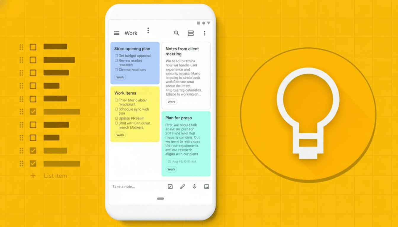 A smartphone displaying a Work notes app with various tasks and notes, alongside a large yellow circle with a white lightbulb icon. The background is a yellow grid pattern.