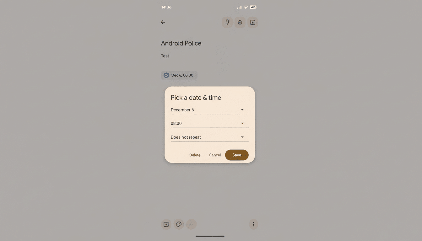 A screenshot of an Android app interface showing a Pick a date & time dialog box. The dialog has fields for December 6 and 08:00, and a Does not repeat option. Buttons for Delete, Cancel, and Save are at the bottom. The background shows Android Police and Test text, along with a date Dec 6, 08:00.