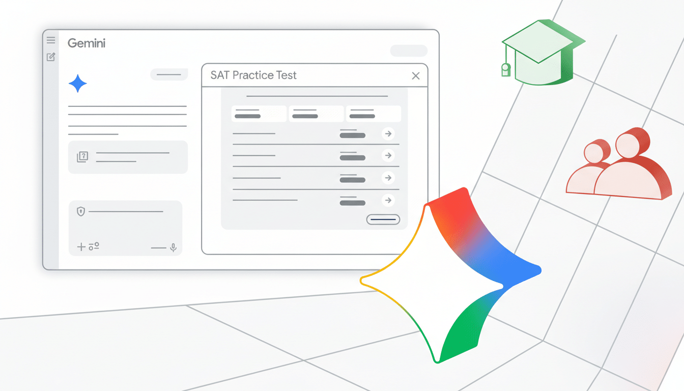A professional, enhanced image of the Gemini interface showing an SAT Practice Test, with a colorful Gemini logo, a green graduation cap, and two red person icons on a subtle grid background.