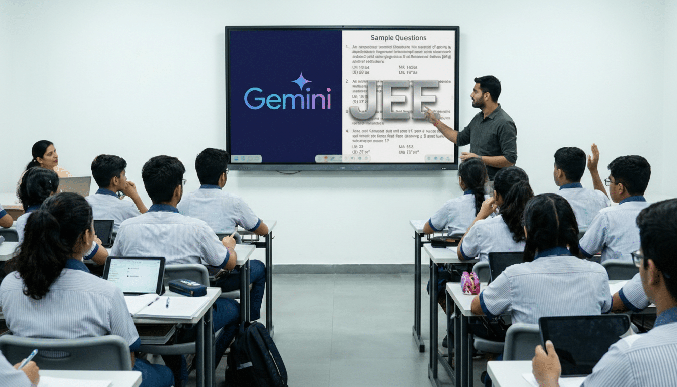 A teacher instructs a classroom of students, pointing at a large interactive display showing Gemini and JEE logos alongside sample questions.