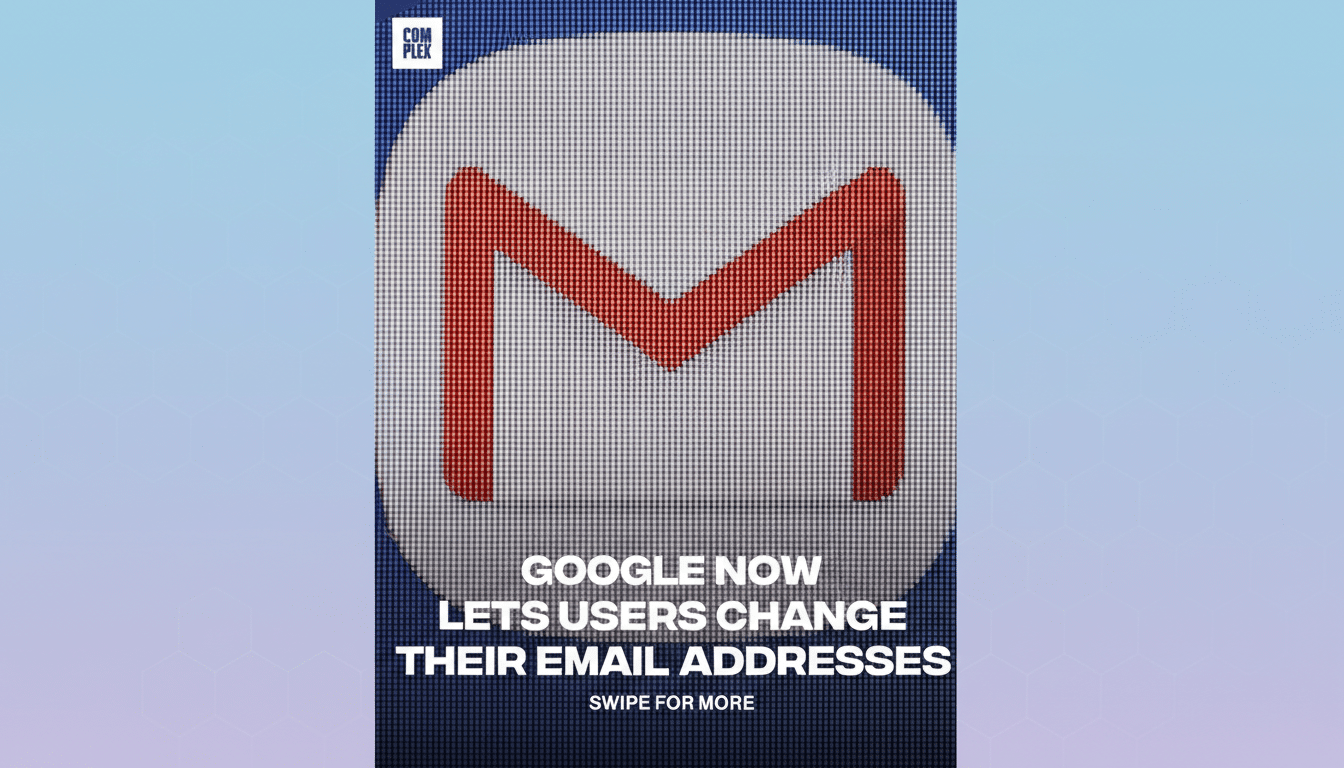 A 16:9 image featuring the Gmail logo with the text GOOGLE NOW LETS USERS CHANGE THEIR EMAIL ADDRESSES and SWIPE FOR MORE on a light blue background with a subtle hexagonal pattern.