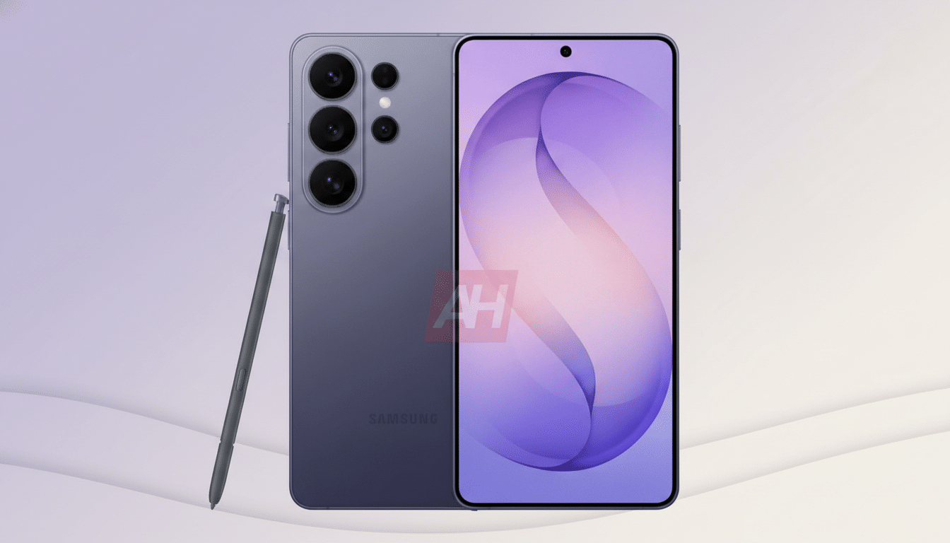 A Samsung smartphone in a professional 16:9 aspect ratio, with a stylus resting beside it. The phone is purple, with a multi-lens camera system on the back and a display showing a purple and pink abstract design. The background is a soft, light purple gradient with subtle patterns.