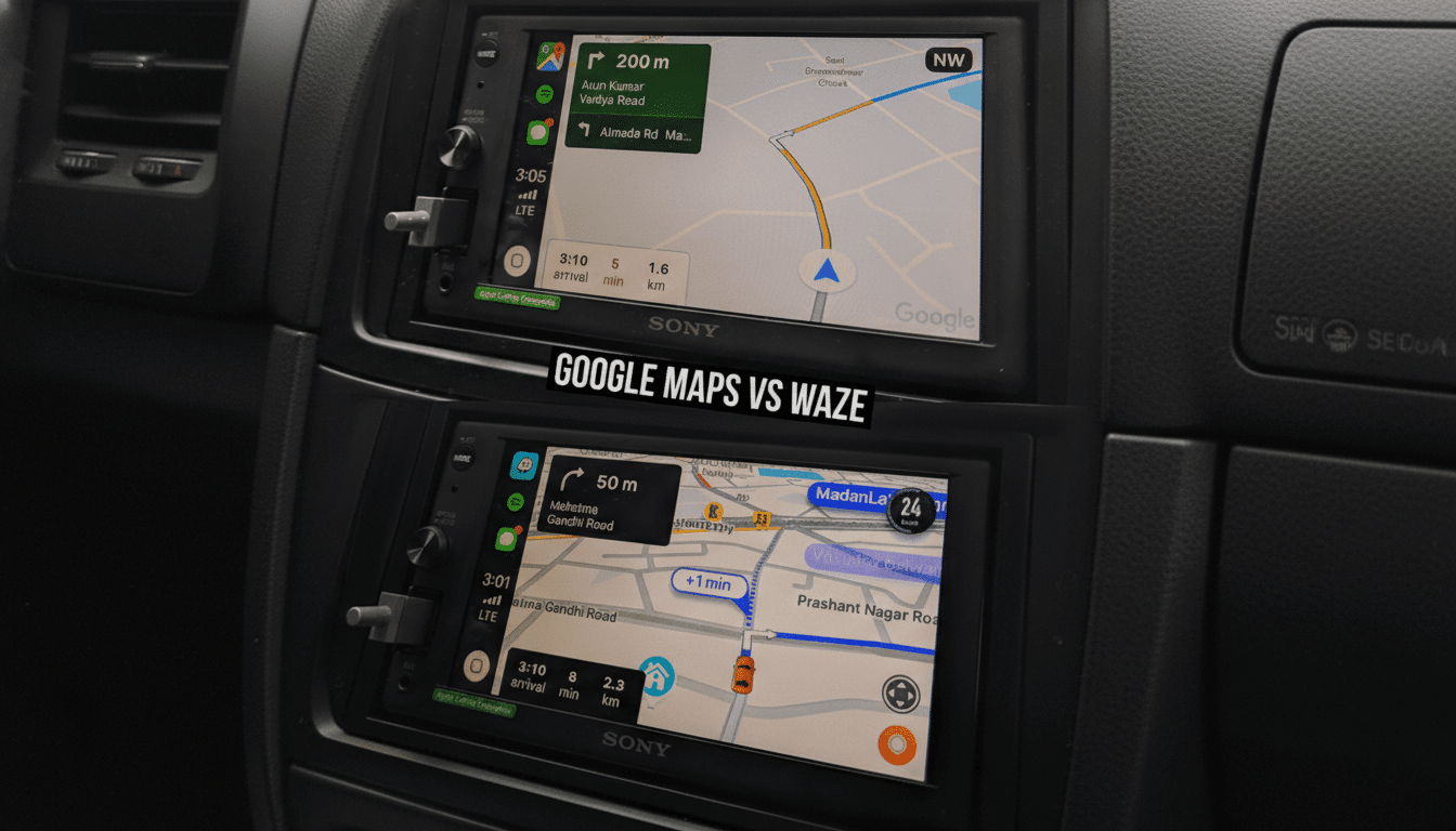 A cars infotainment system displaying a comparison between Google Maps and Waze navigation interfaces.