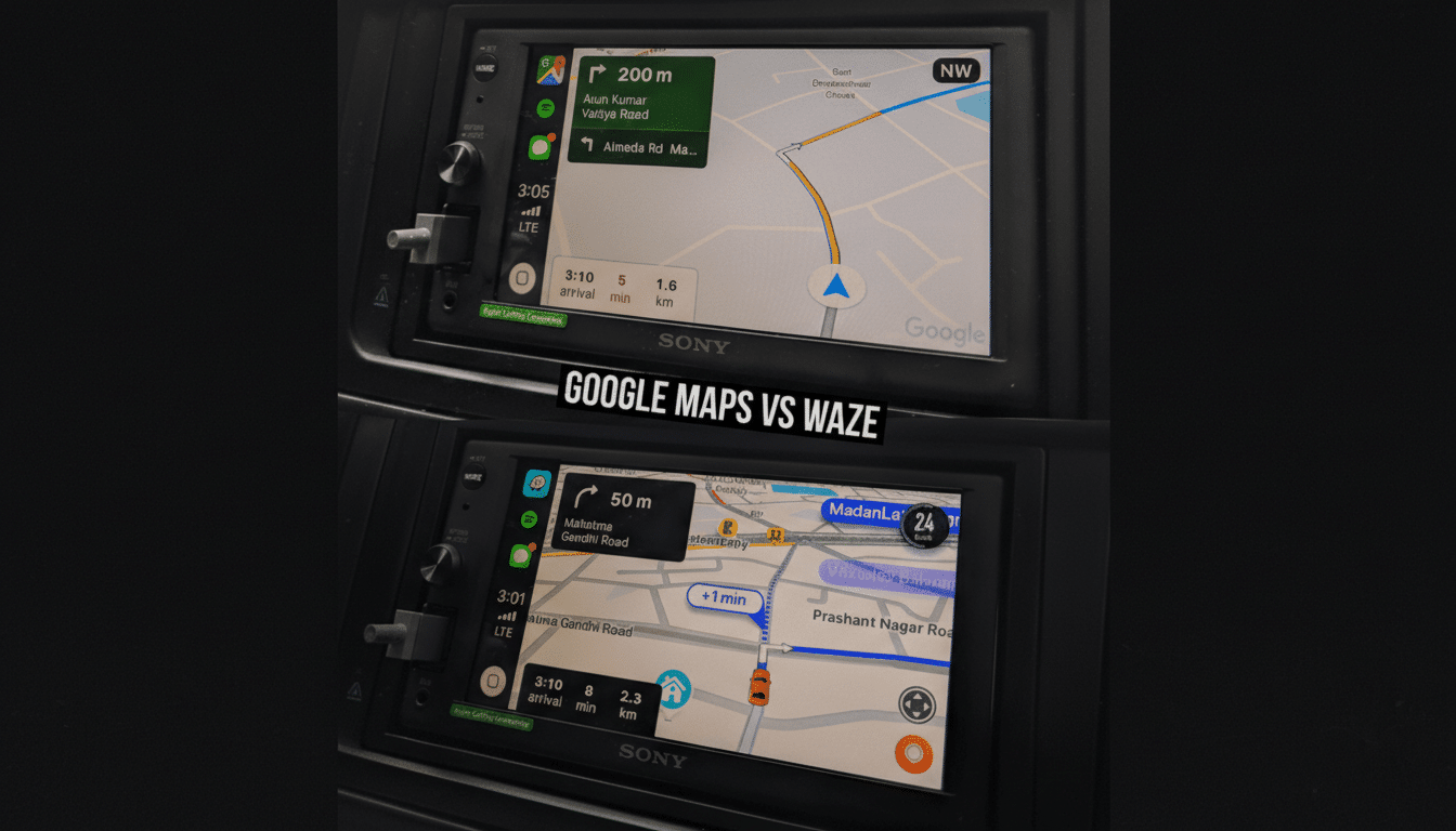 A comparison image showing Google Maps and Waze navigation displayed on car infotainment screens, resized to a 16:9 aspect ratio with a dark, professional background.
