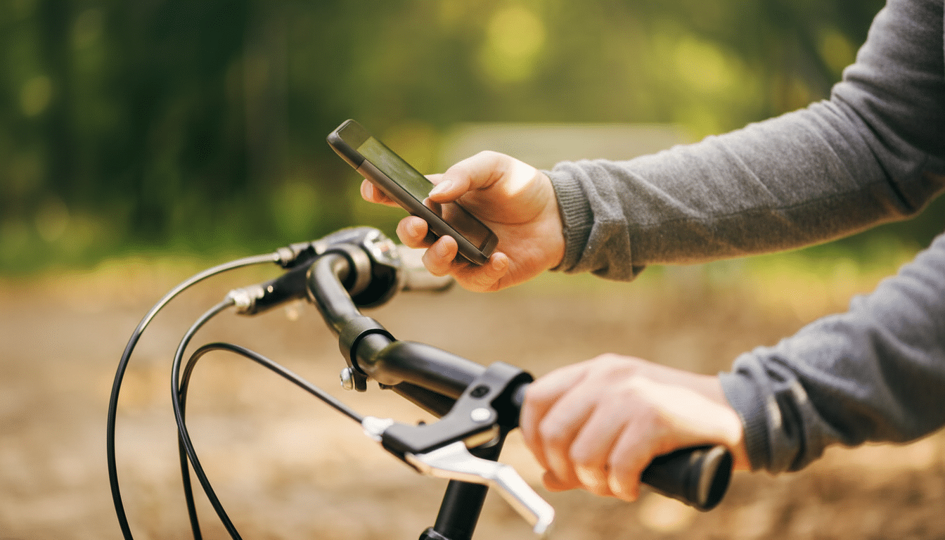 A persons hands are shown, one holding a smartphone and the other gripping the handlebar of a bicycle, with a blurred outdoor background.