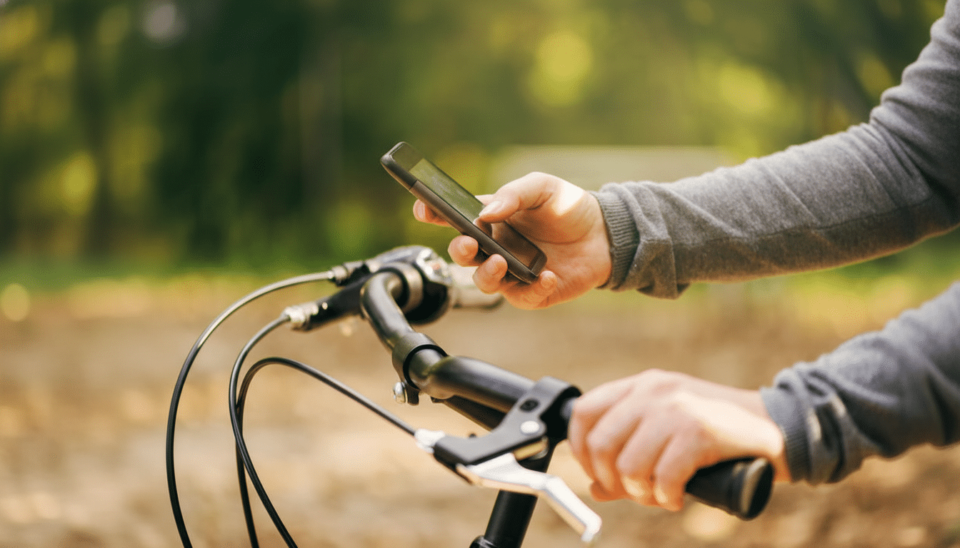 A persons hands on a bicycle handlebar, with one hand holding and operating a smartphone, set against a blurred outdoor background.