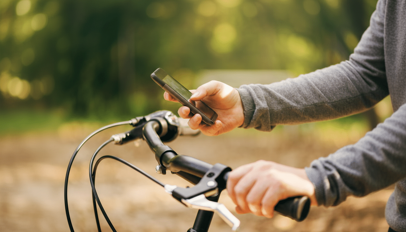 A person in a gray sweater holding a smartphone while riding a bicycle, with a blurred green outdoor background.