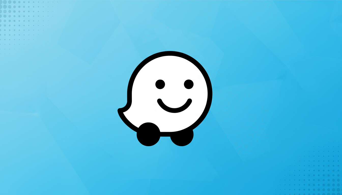A white, ghost-like character with a smiling face and two black wheels at the bottom, set against a professional blue background with subtle geometric patterns and a gradient.