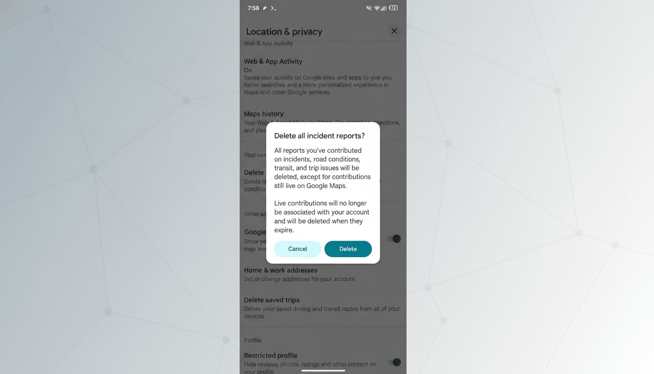 Google Maps incident report deletion tool on screen