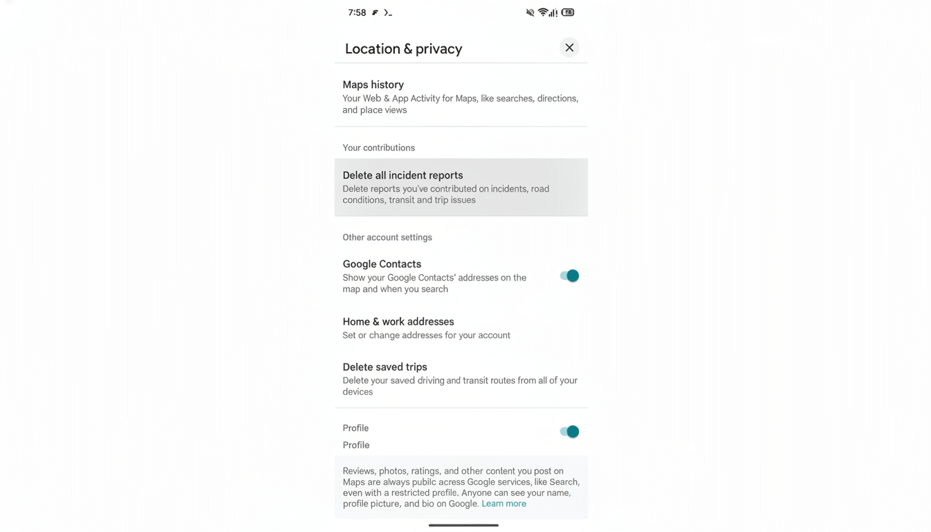 A screenshot of the Google Maps Location & privacy settings page, resized to a 16:9 aspect ratio.