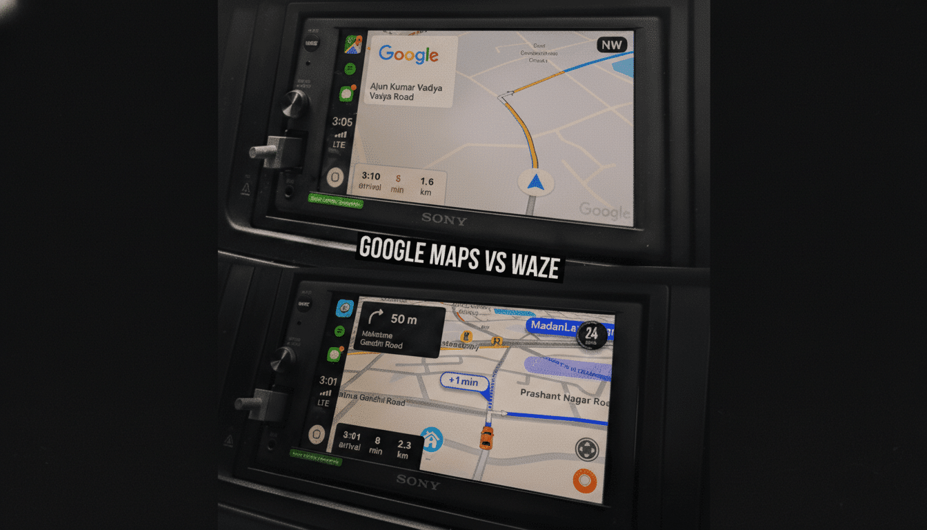 A comparison of Google Maps and Waze navigation displayed on car infotainment screens, resized to a 16:9 aspect ratio.