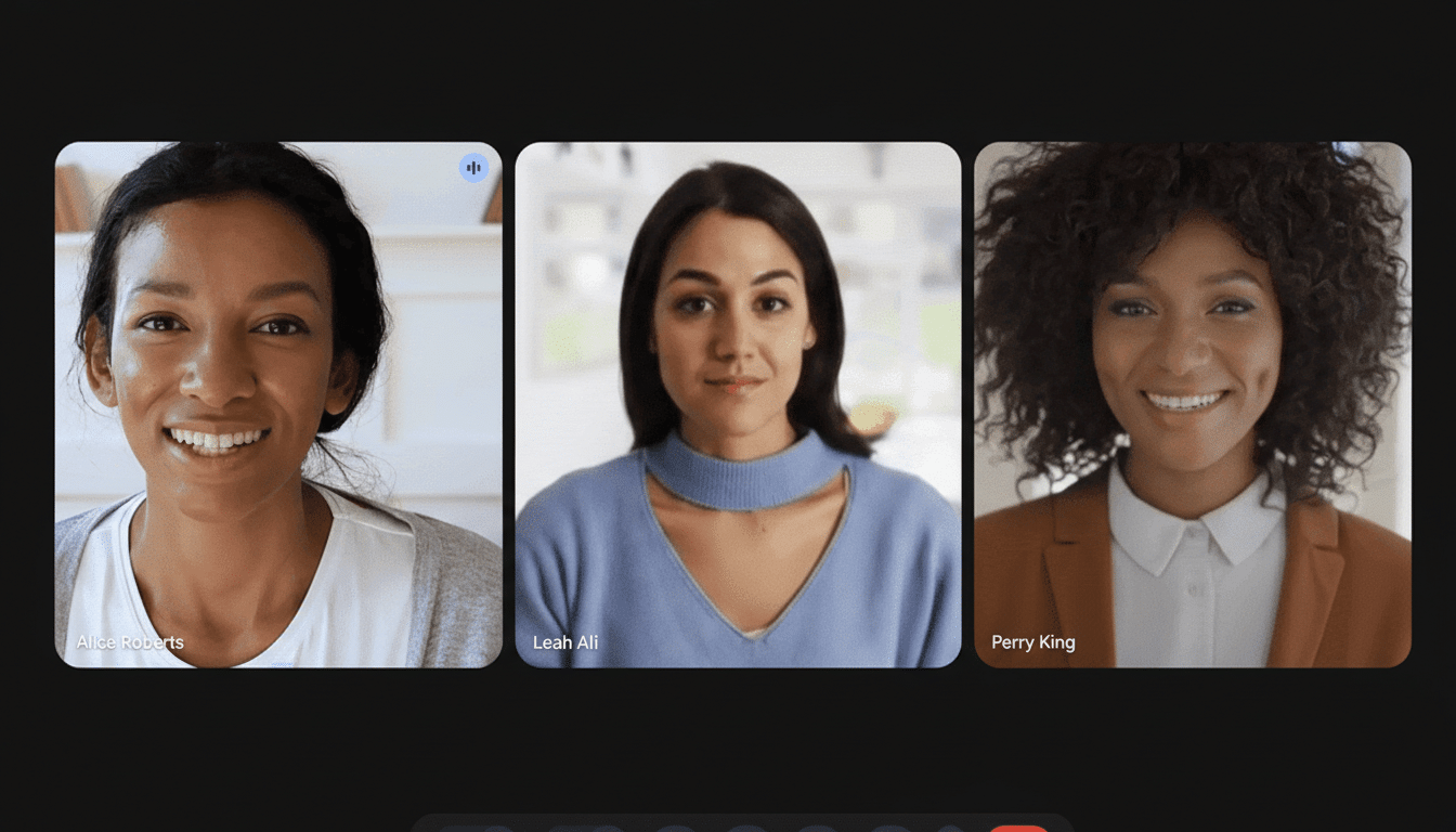 A screenshot of a video conference call with three participants, Alice Roberts, Leah Ali, and Perry King, displayed in a 16:9 aspect ratio.