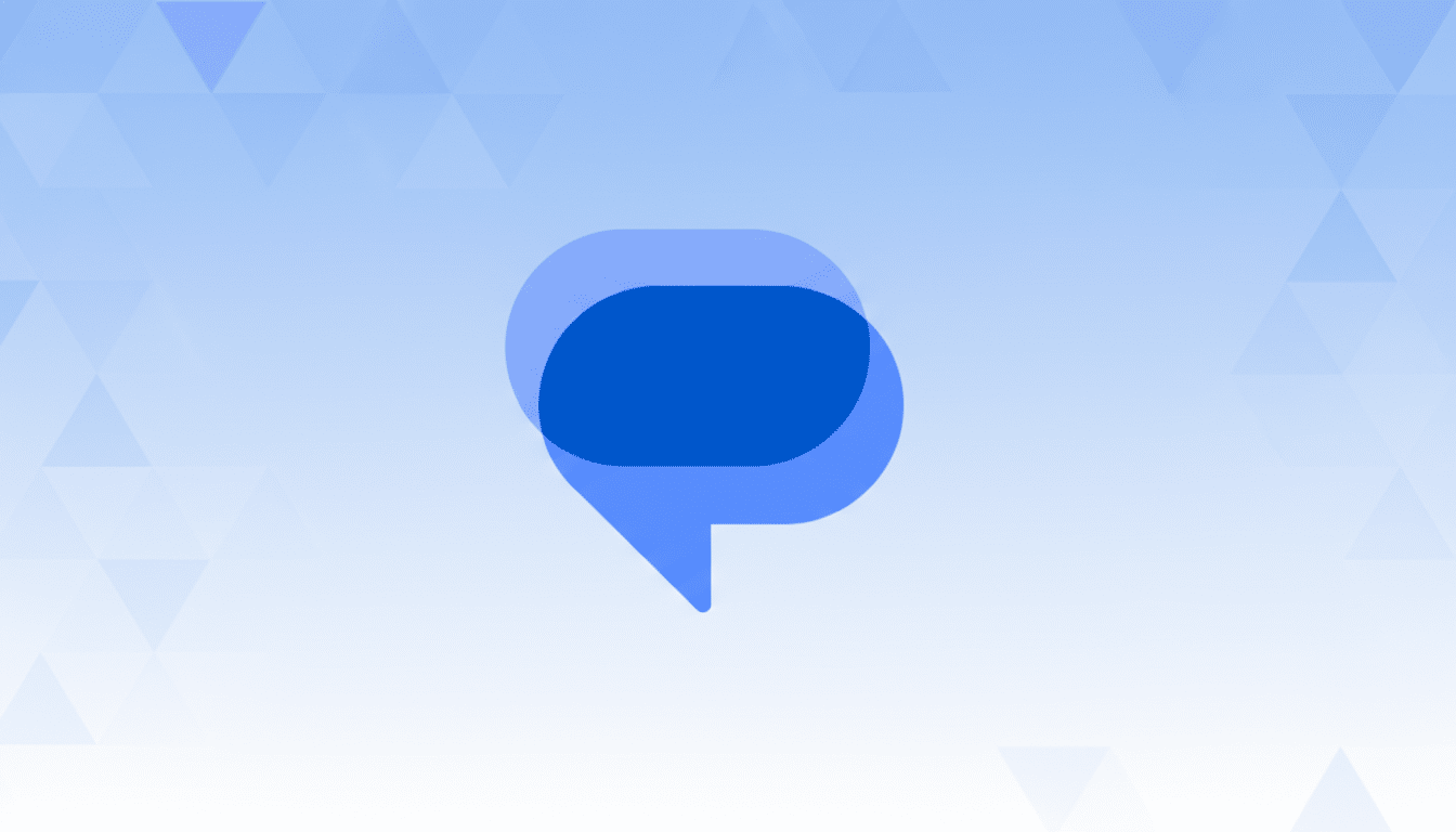 A blue chat bubble icon on a light blue background with a subtle geometric pattern.