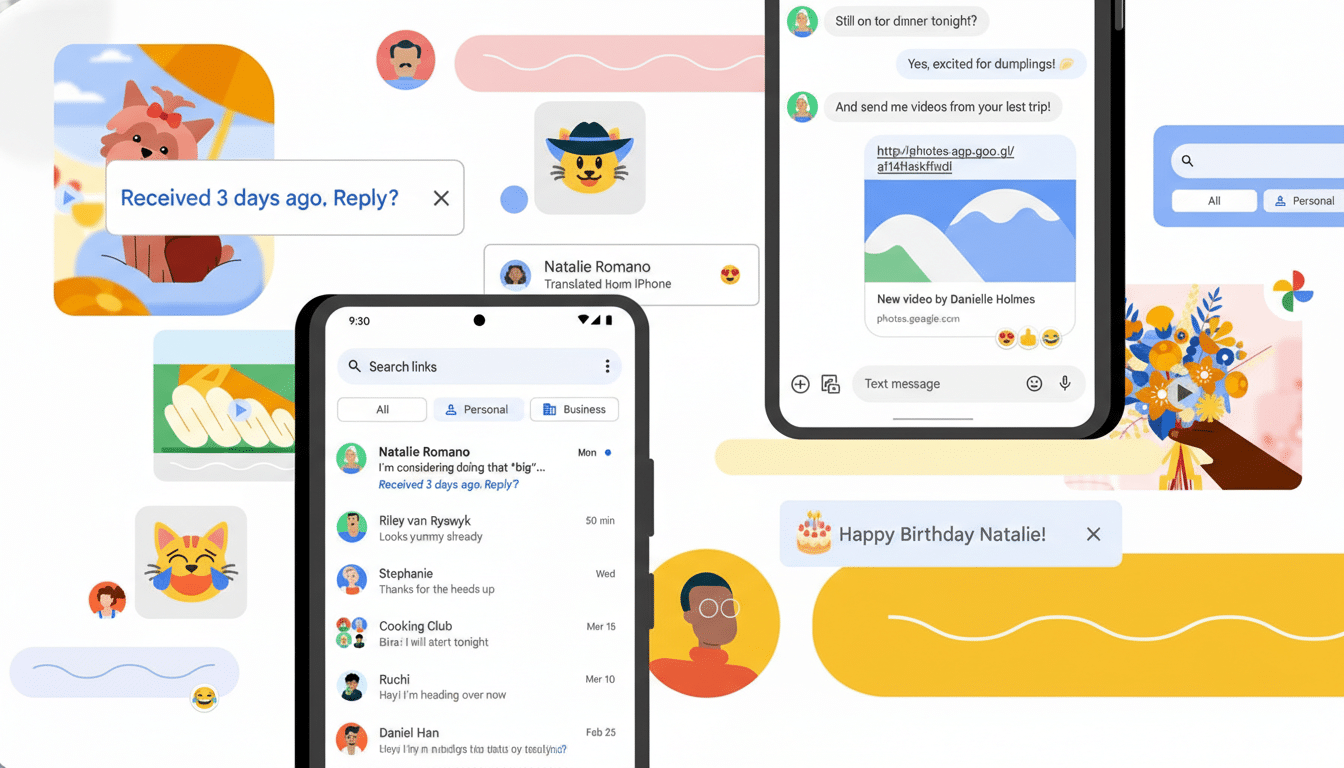 A professional enhancement of the original image, resized to a 16:9 aspect ratio. The image features two smartphones displaying messaging apps, surrounded by various chat bubbles and cartoon elements. The background remains unchanged, maintaining the original design while presenting a clean and professional look.