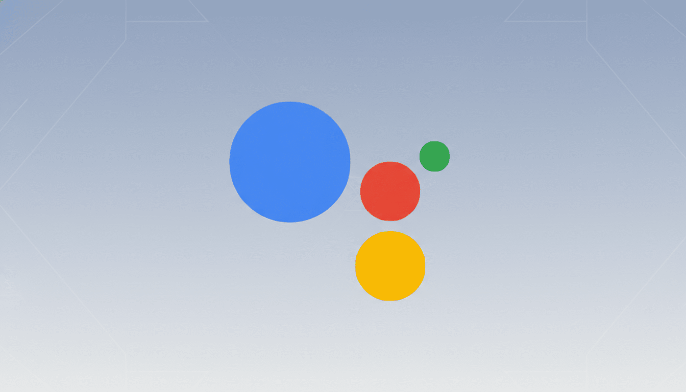 The Google Assistant logo, composed of four colored circles (blue, red, yellow, and green), centered on a professional light gray background with subtle geometric patterns.