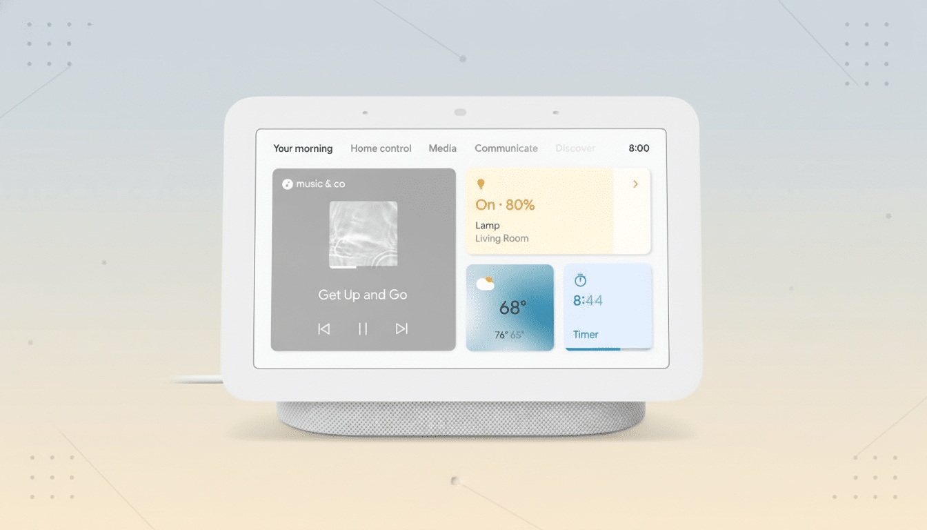 A Google Nest Hub smart display showing various cards for music, smart home control, weather, and a timer, set against a professional flat design background with soft patterns and gradients.